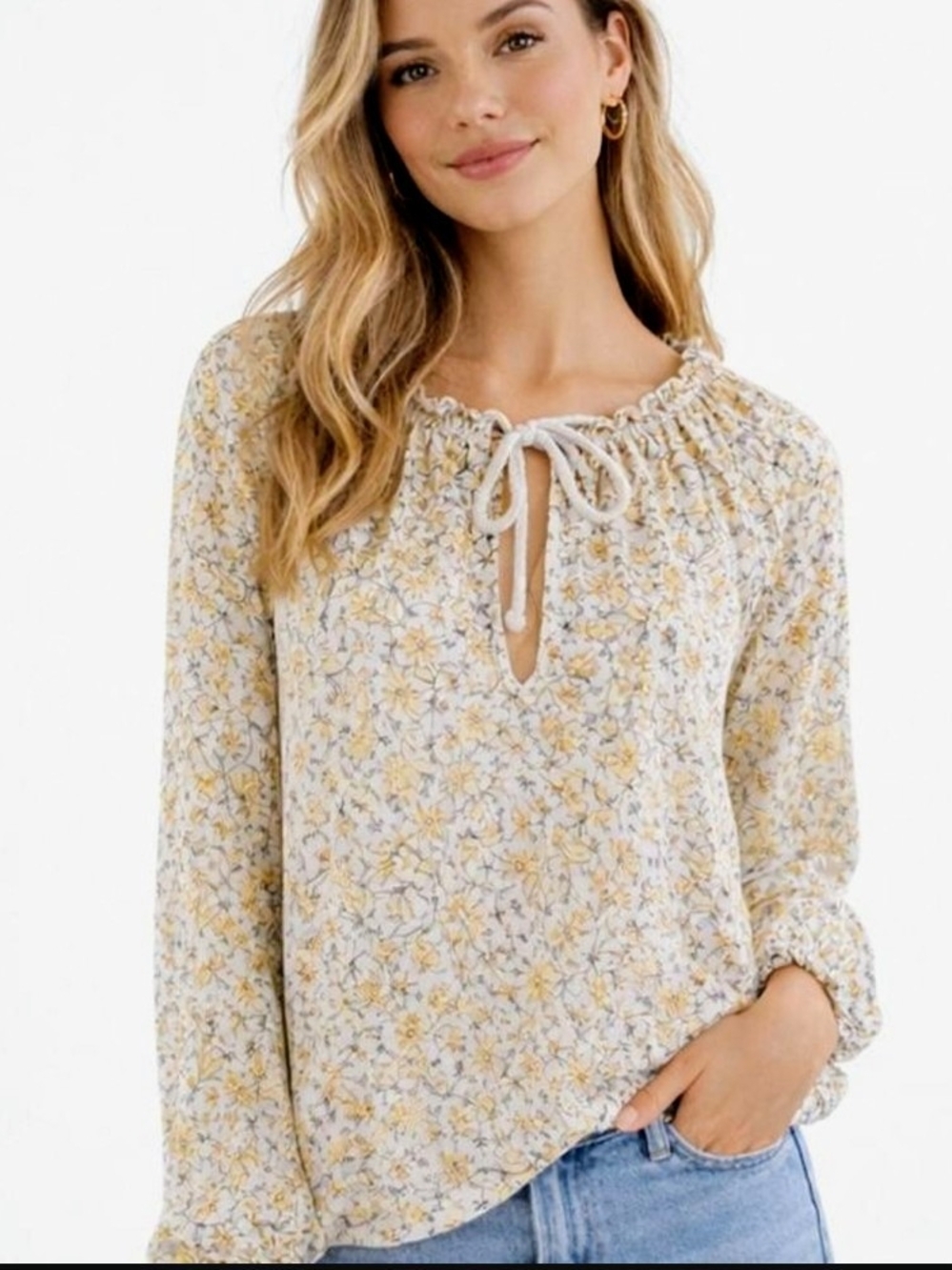 Billabong Get Together Peasant Blouse Boho Tie‎ Neck Floral Women's S